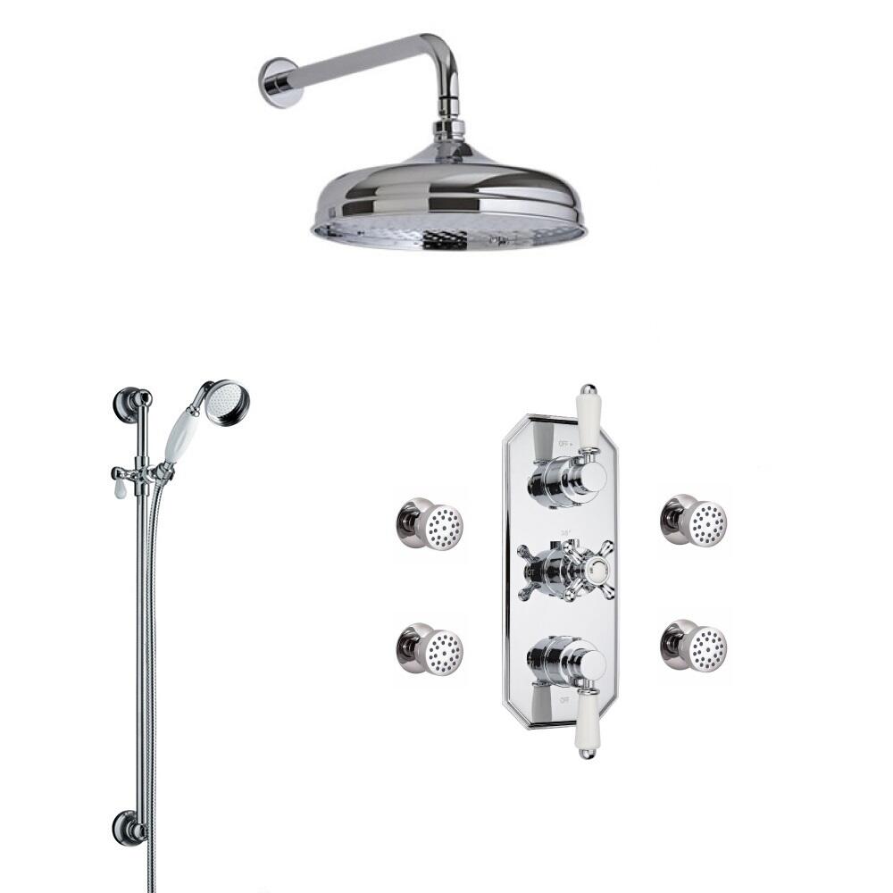 Conjunto de Ducha Termostático Tradicional Triple de 3 Funciones con Alcachofa de 150mm, Brazo de Ducha y Barra de Ducha Deslizante con Telefonillo y Jets de Ducha