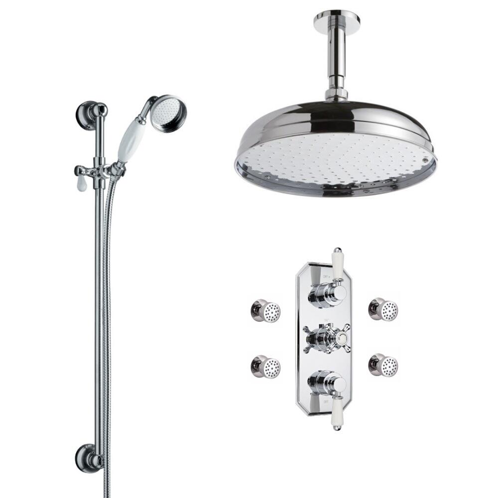 Conjunto de Ducha Termostático Tradicional Triple de 3 Funciones con Alcachofa de 300mm, Brazo de Ducha y Barra de Ducha Deslizante con Telefonillo y Jets de Ducha