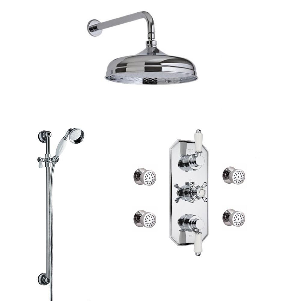 Conjunto de Ducha Termostático Tradicional Triple de 3 Funciones con Alcachofa de 200mm, Brazo de Ducha y Barra de Ducha Deslizante con Telefonillo y Jets de Ducha