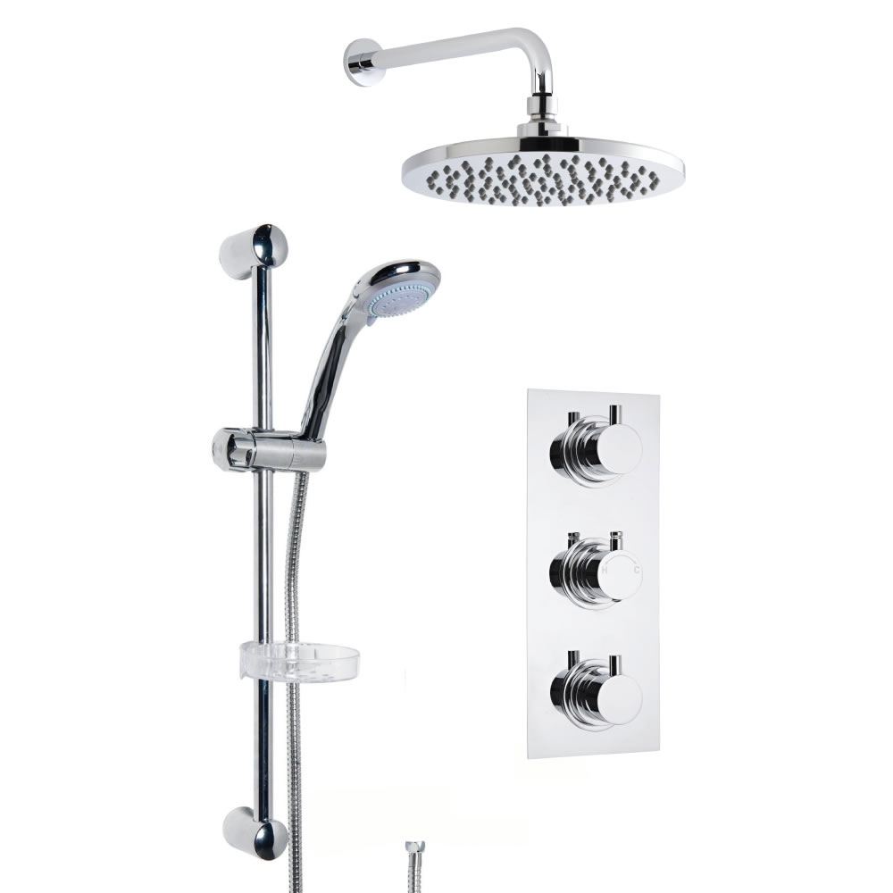 Termostato de Ducha Triple de 2 Funciones Completo con Alcachofa de Ducha Redonda de 200mm, Brazo de Ducha Mural y Barra Deslizante con Ducha de Mano y Flexo de Ducha