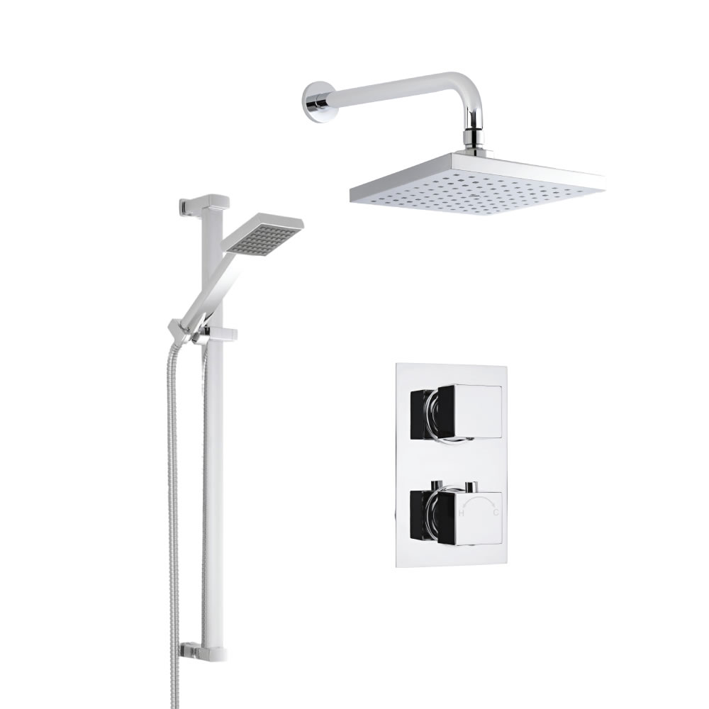 Termostato de Ducha de 2 Funciones Completo con Alcachofa de Ducha Cuadrada de 200x200mm, Brazo de Ducha Mural y Barra Deslizante con Ducha de Mano y Flexo de Ducha