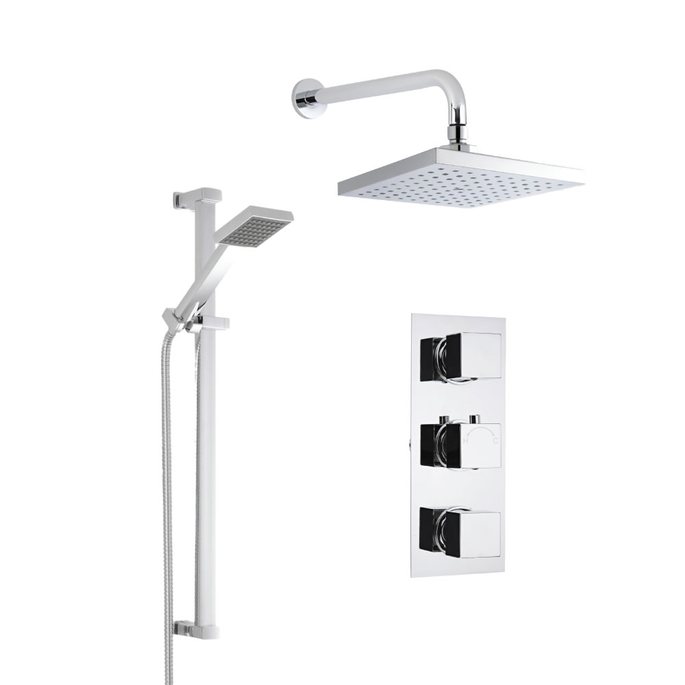 Termostato de Ducha Triple de 2 Funciones Completo con Alcachofa de Ducha Cuadrada de 200x200mm, Brazo de Ducha, Barra Deslizante, Ducha de Mano y Flexo