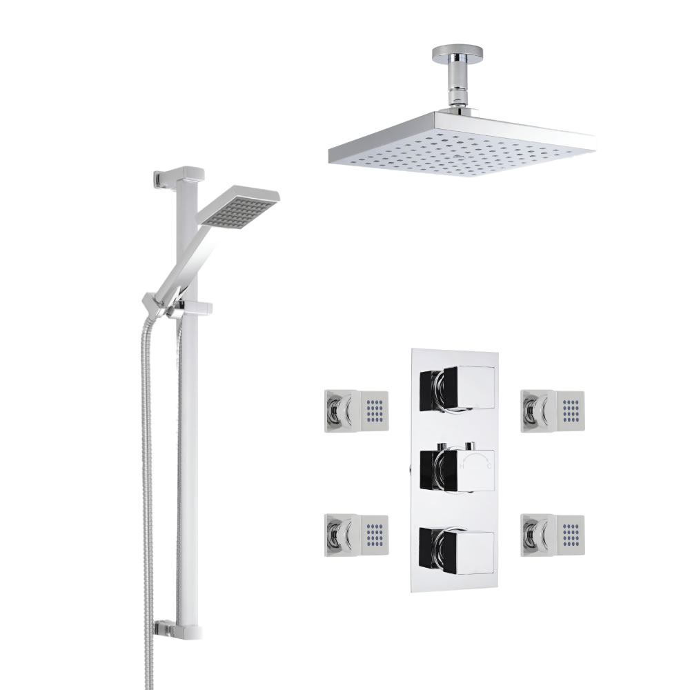 Termostato de Ducha Triple de 3 Funciones Completo con Alcachofa de Ducha Cuadrada 200x200mm, Brazo de Techo, Barra Deslizante, Telefonillo y Jets de Ducha