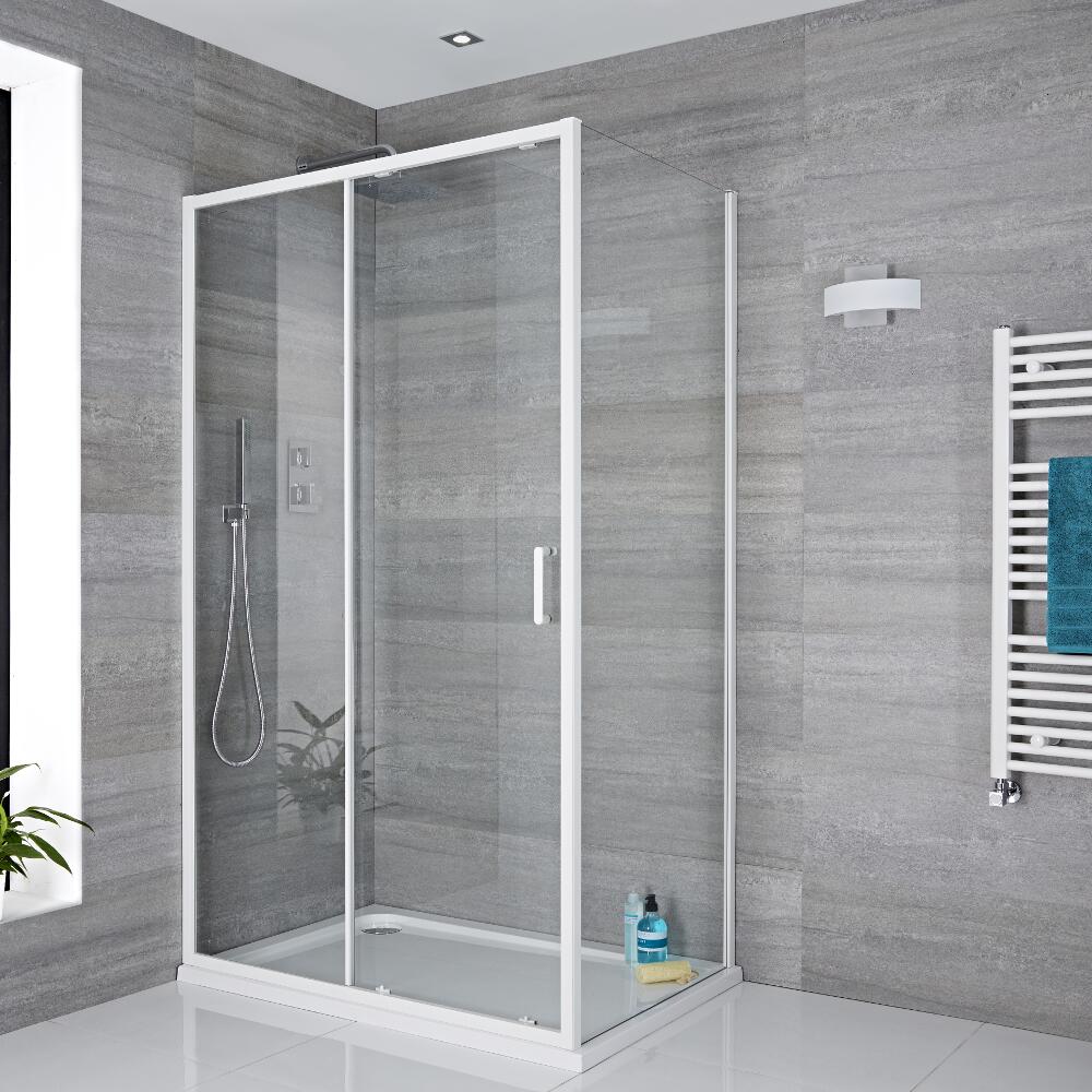 Mampara Completa con Puerta de Ducha Frontal Corredera 1400x1950mm, Pared de Ducha Lateral y Plato de Ducha – Lux