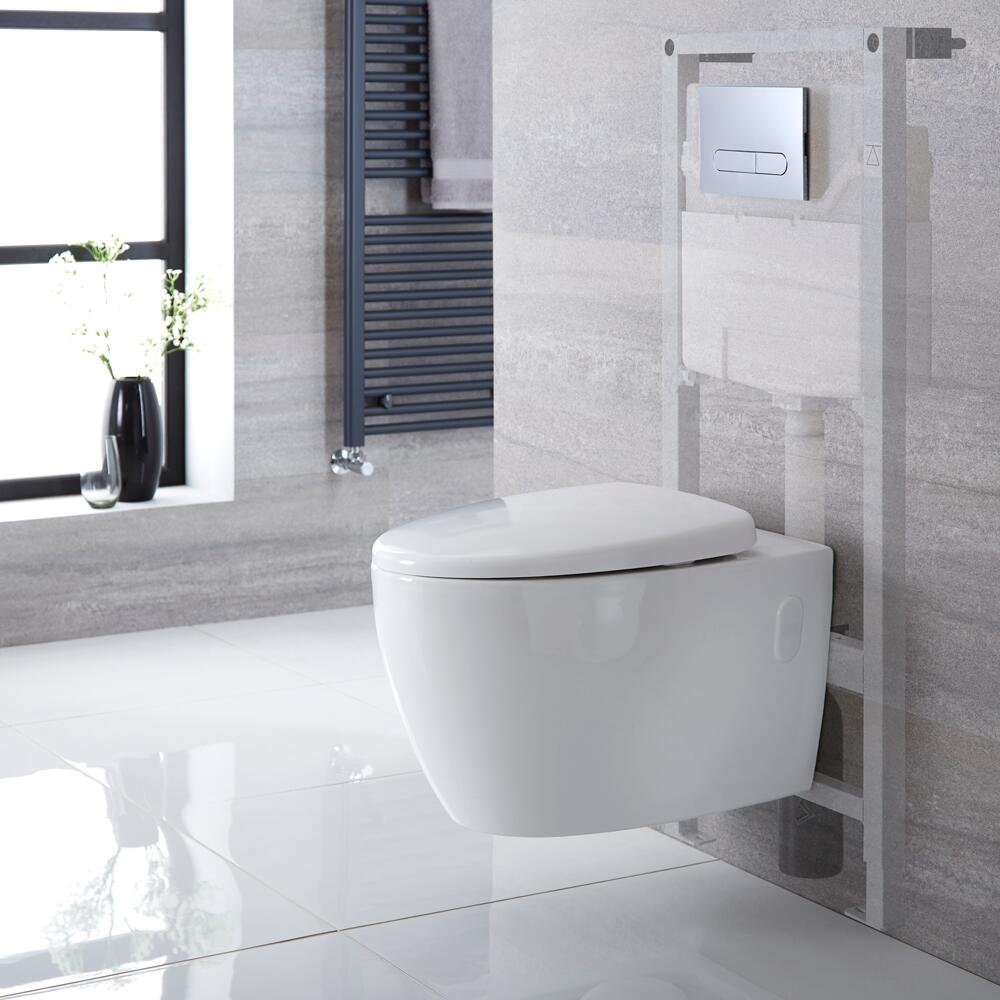 Inodoro Moderno Oval Suspendido Completo con Estructura Empotrable, Cisterna, Placa de Descarga y Tapa WC, – Kenton