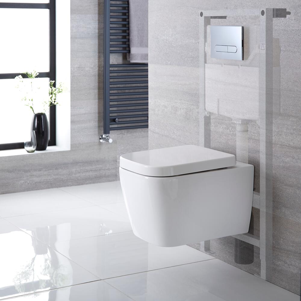 Inodoro Cuadrado Moderno Suspendido Completo con Tapa Soft Close, Estructura Empotrable, Cisterna y Placa de Descarga de 1150x500x180mm – Milton