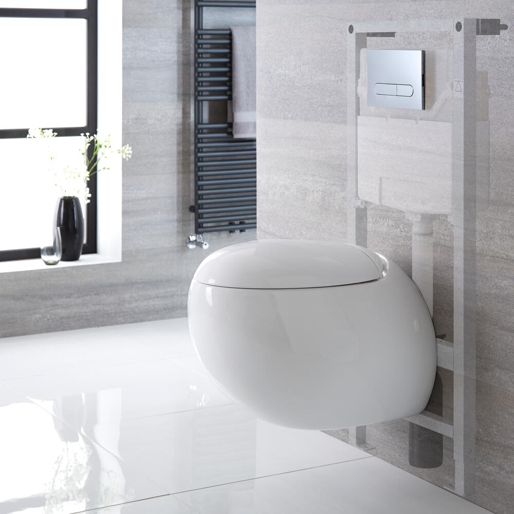 Inodoro Oval Suspendido 420x350x590mm con Tapa Soft Close, Estructura Empotrable, Cisterna y Placa de Descarga - Langtree