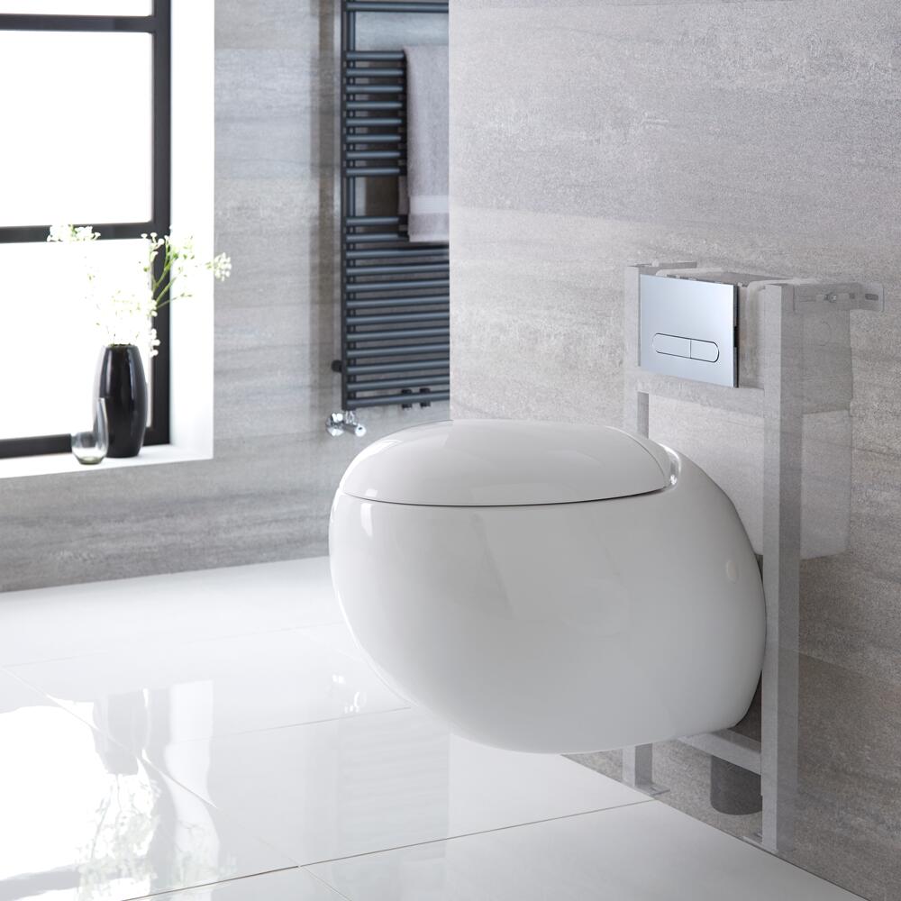 Inodoro Oval Suspendido 340x360x585mm con Tapa Soft Close, Estructura Empotrable, Cisterna y Placa de Descarga - Langtree