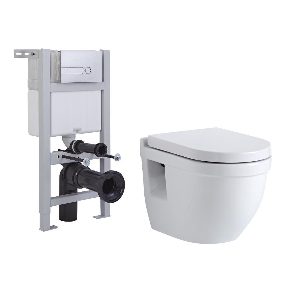 Inodoro Oval Suspendido 400x360x515mm con Tapa Soft Close, Estructura Empotrable, Cisterna y Placa de Descarga - Newby