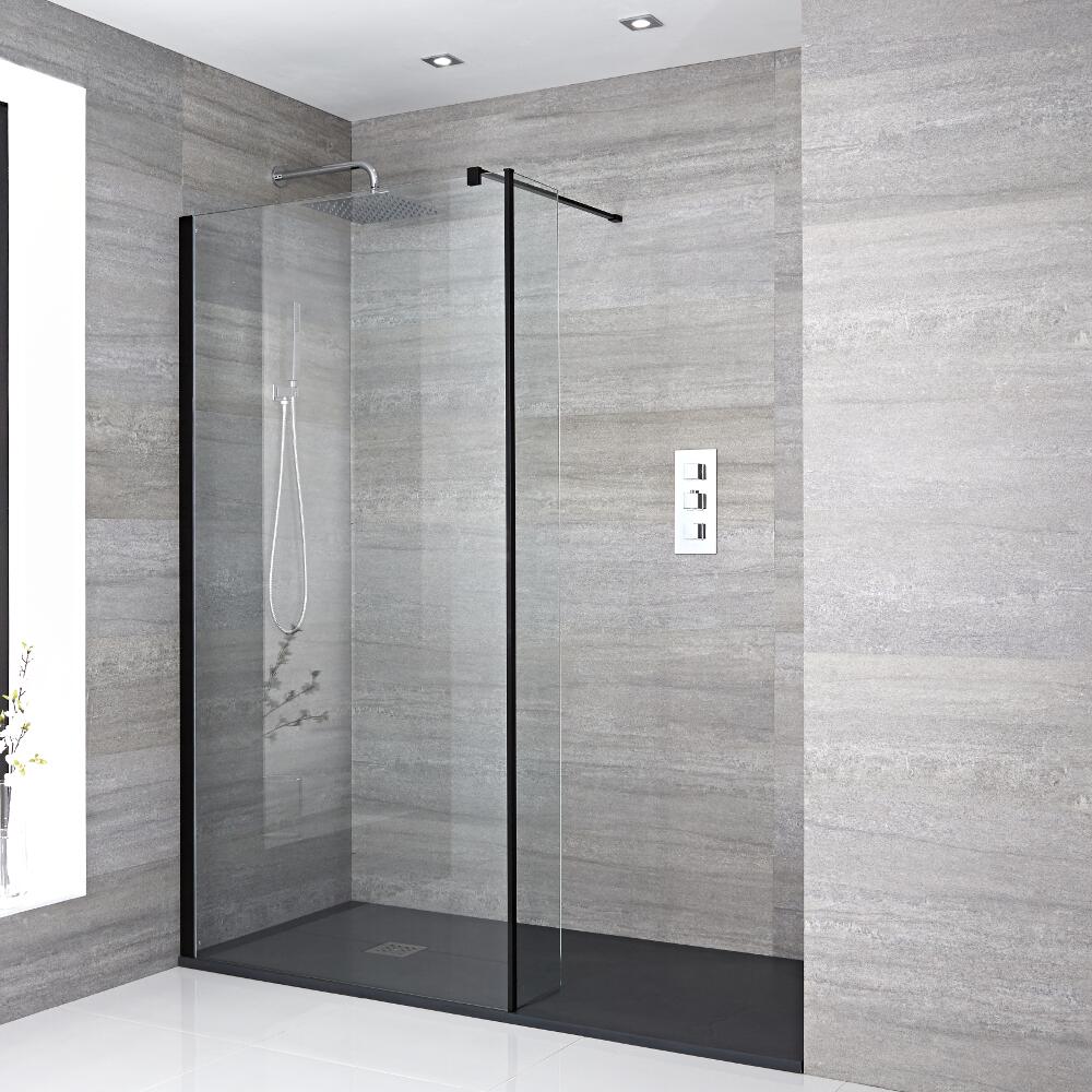Mampara para Ducha de Obra de 1400x800mm con Pared de Ducha, Perfilería Negra y Plato de Ducha Color Antracita