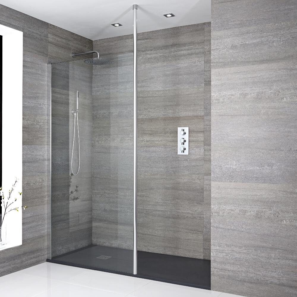 Mampara para Ducha de Obra con Hoja Fija de 1700x900mm con Barra de Soporte a Techo y Plato de Ducha Color Antracita