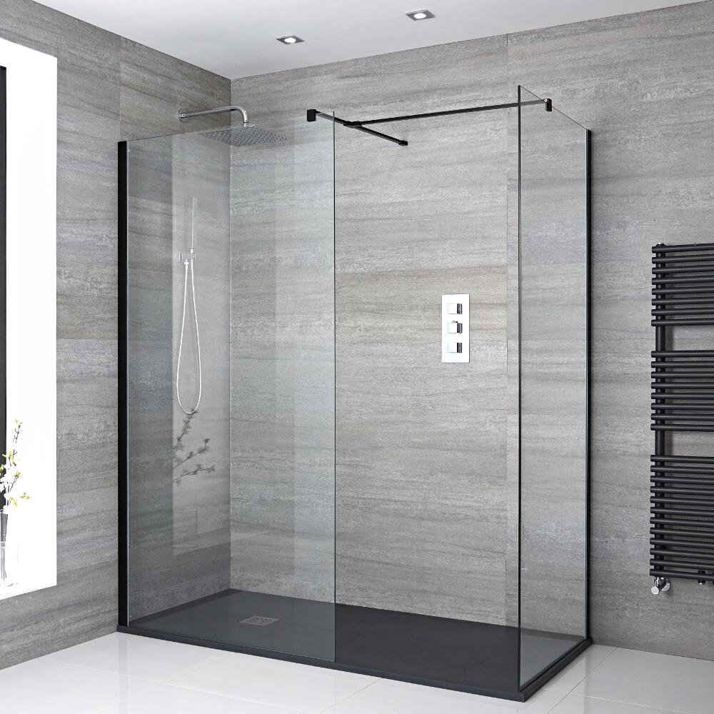 Mampara para Ducha de Obra de 1700x900mm con 2 Hojas de Vidrio Fijas, Plato de Ducha de Color Antracita y Perfilería Negra
