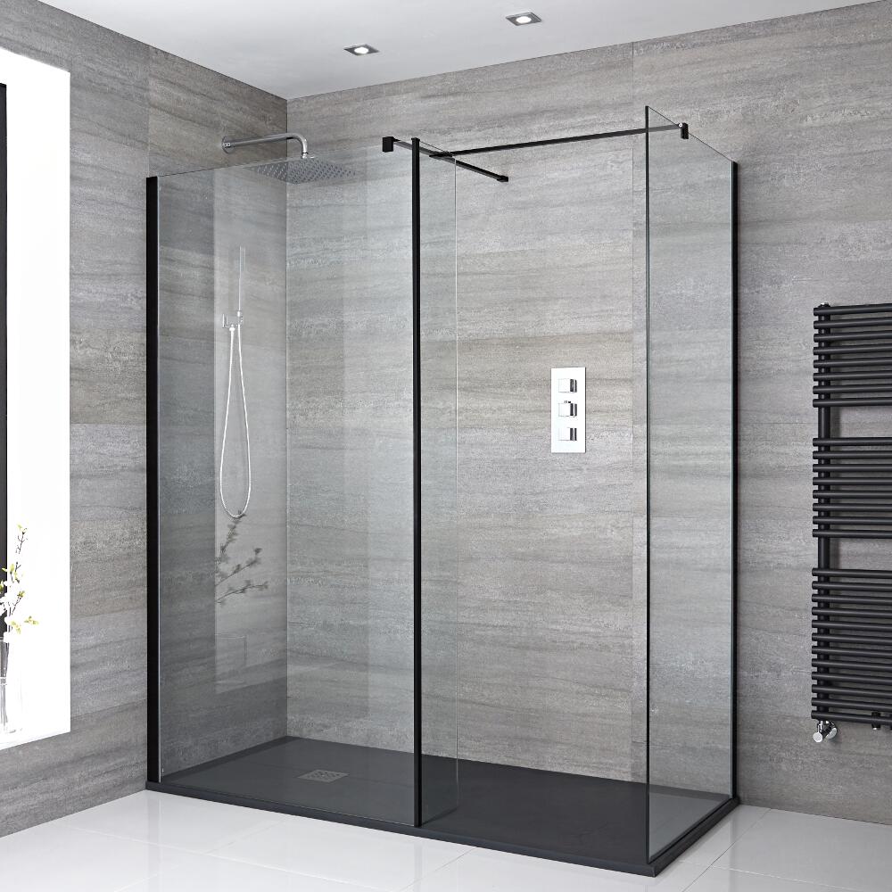 Mampara de Ducha de Obra con 2 Hojas, Pared de Ducha y Plato de Ducha de 1700x900mm con Perfilería en Negro - Nox