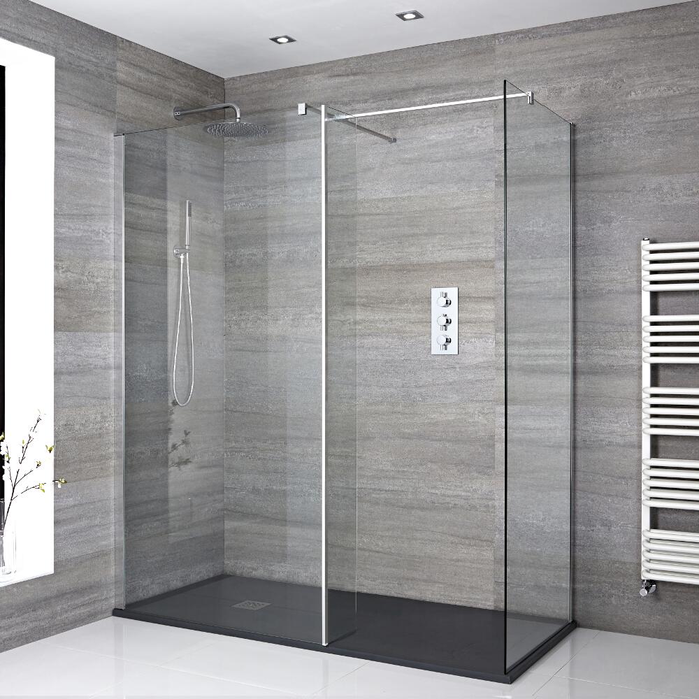 Mampara de Ducha de Obra con 2 Hojas, Pared de Ducha y Plato de Ducha Antracita de 1400x900mm y Brazos de Soporte - Portland