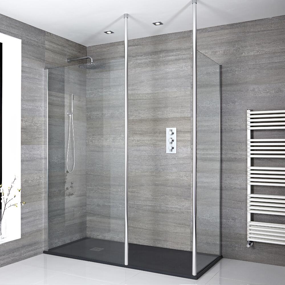 Conjunto con Mampara de Ducha de Obra de 1400x800, Plato de Ducha Estándar y Perfilería Cromada con 2 Barras de Soporte,- Sera