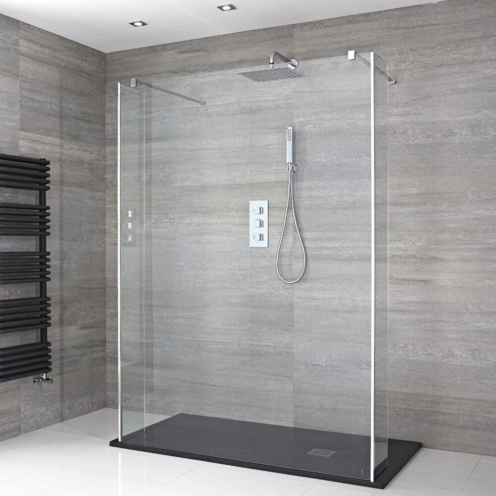 Conjunto con Mampara de Ducha de Obra de 1400x800mm con Hojas de Vidrio Flotante y Plato de Ducha Antracita - Portland