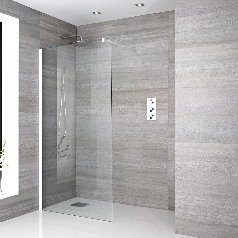 One Piece Wall-Mounted Glass with Support Arm with Drain and White profile 1400mm