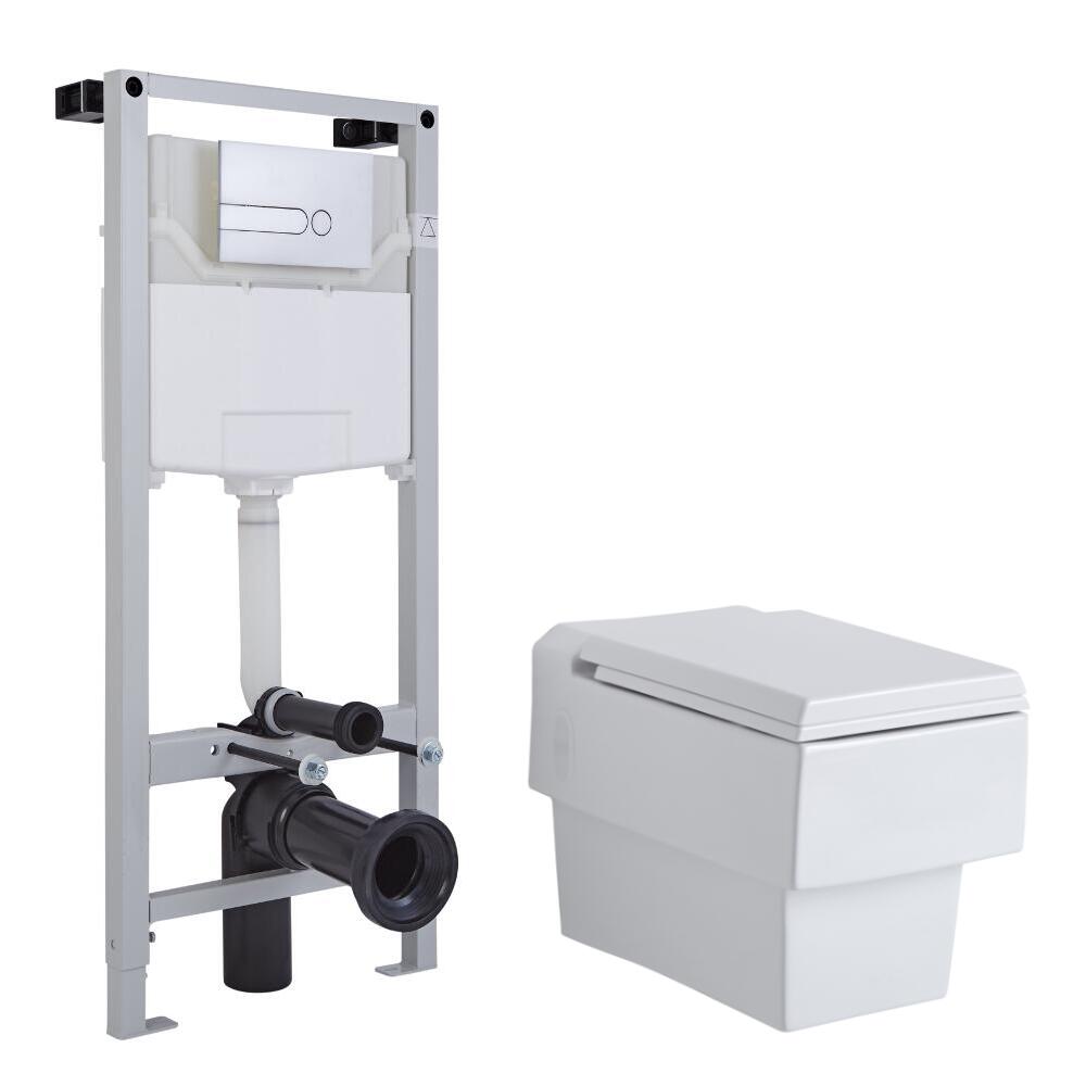 Inodoro Cuadradol Suspendido 410x340x440mm Completo con Tapa Soft Close, Estructura Empotrable, Cisterna y Placa de Descarga – Haldon