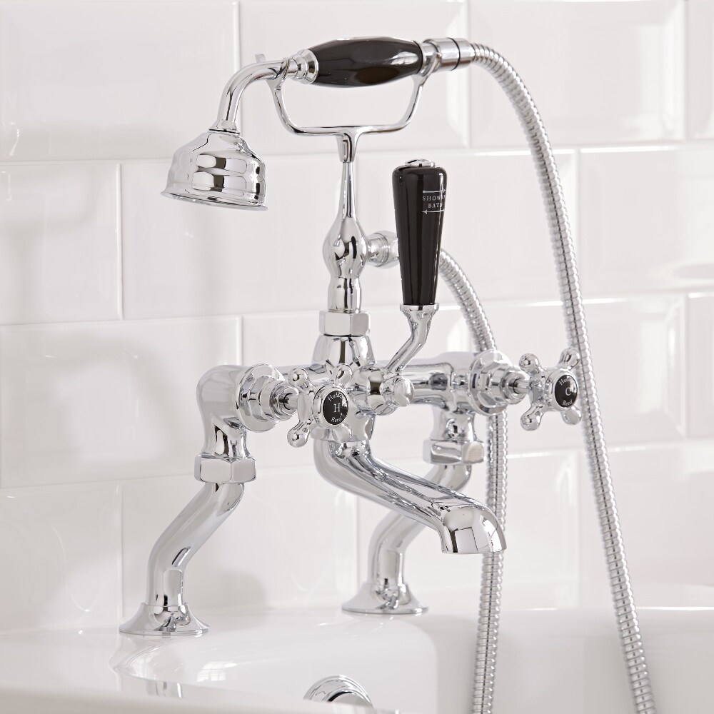 Grifo Mezclador Tradicional Sobre Bañera con Ducha de Mano y Palancas de Color Negro - Topaz