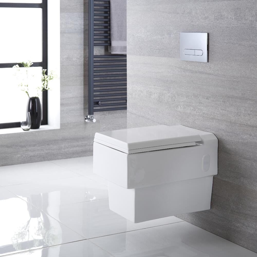 Inodoro WC Cuadrado Moderno Suspendido 410x355x540mm con Tapa de WC Soft Close - Haldon