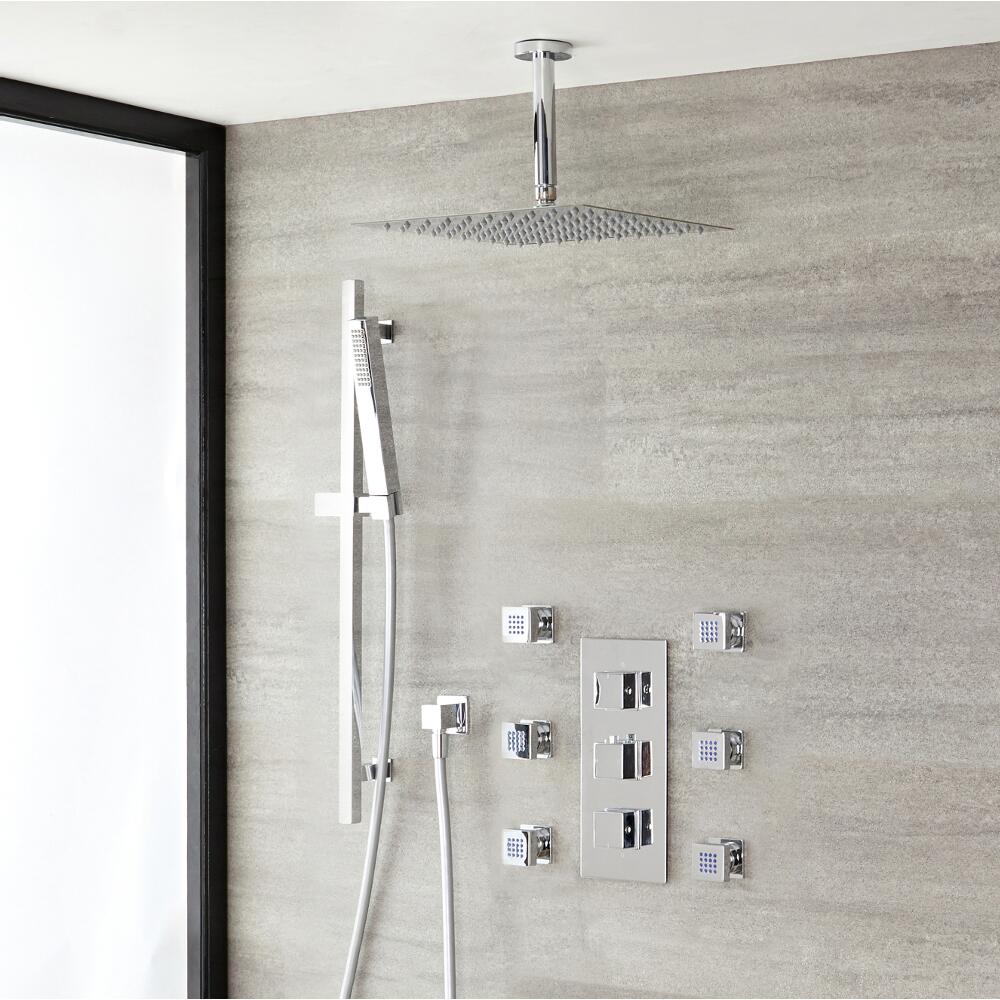 Sistema de Ducha con Llave Mezcladora Termostática, Alcachofa Extraplana, Telefonillo y Jets de Ducha