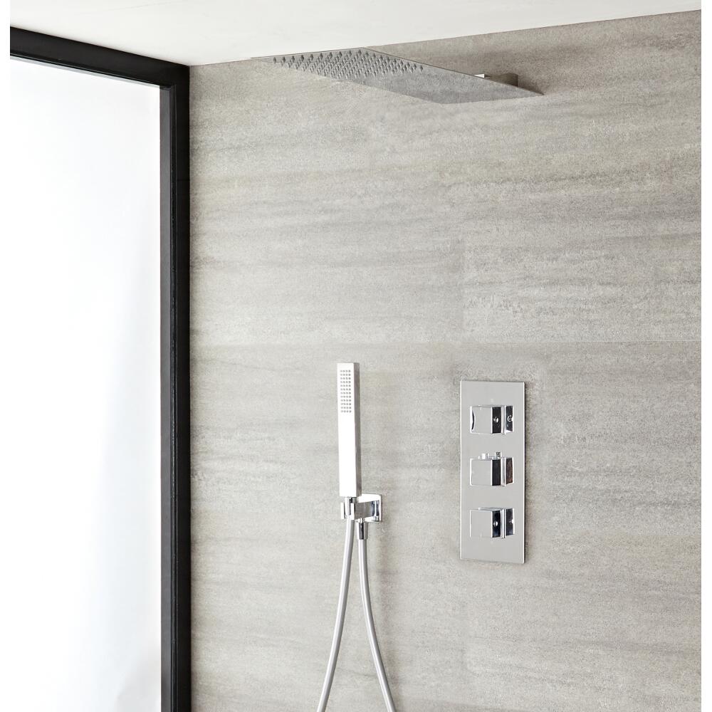 Conjunto de Ducha con Llave de Ducha Mezcladora Termostática, Alcachofa Mural Extraplana y Ducha de Mano