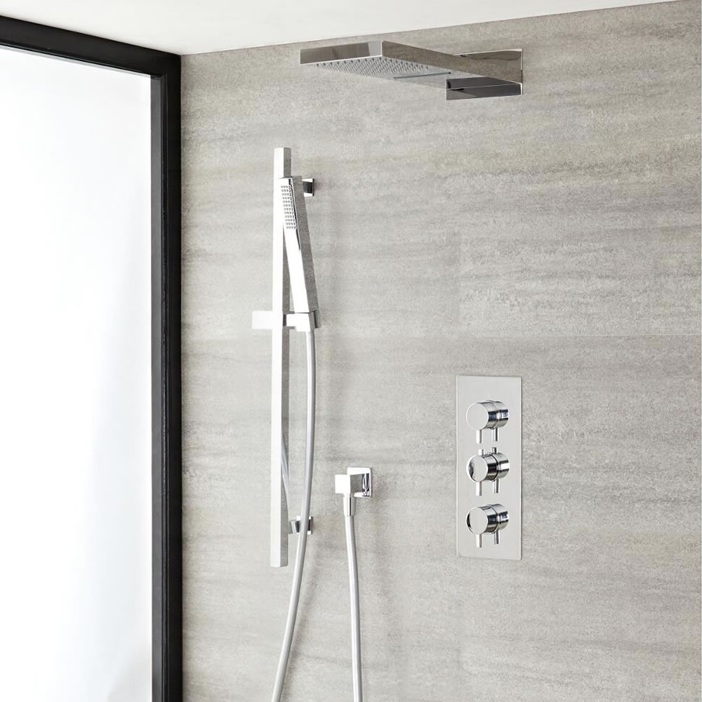 Sistema de Ducha Completo con Llave Mezcladora Termostática de Tres Funciones con Alcachofa e Ducha de 2 Funciones y Telefonillo