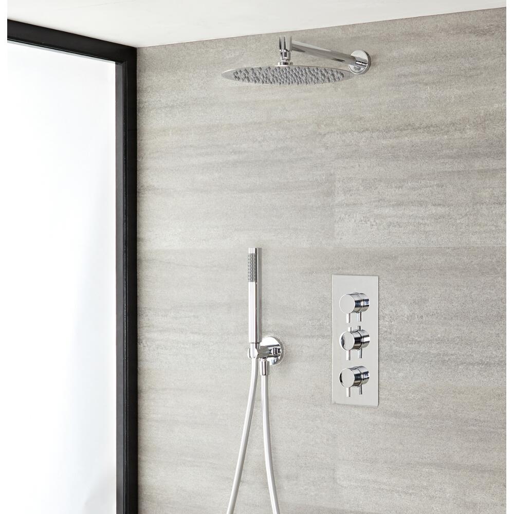Conjunto de ducha Termostática Triple con Alcachofa, Ducha de Mano, Soporte y Brazo