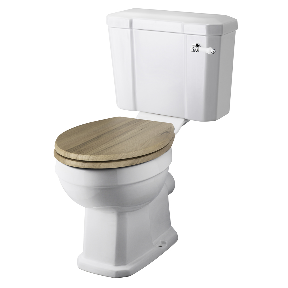 Inodoro WC Tradicional de Cerámica Blanca con Cisterna de Salida Horizontal y Tapa de Color Madera Estilo Retro