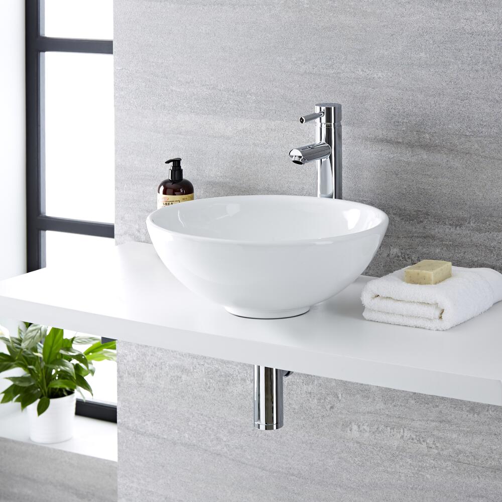 Lavabo Sobre Encimera Redondo Realizado de Cerámica 400x400mm Completo con Grifo Mezclador Alto - Ashbury