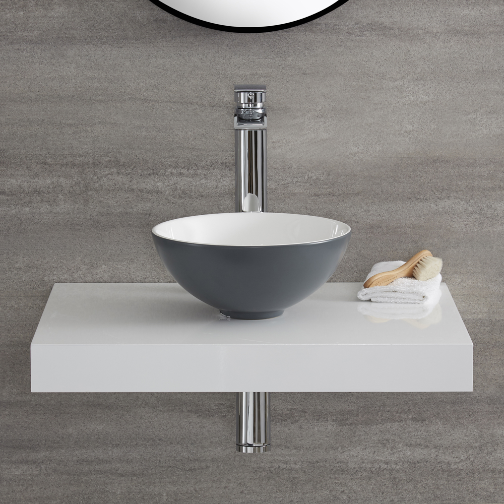 Lavabo de Cerámica Redondo de 280mm Color Gris Piedra para Montaje Sobre Encimeras o Sobremueble – Witton