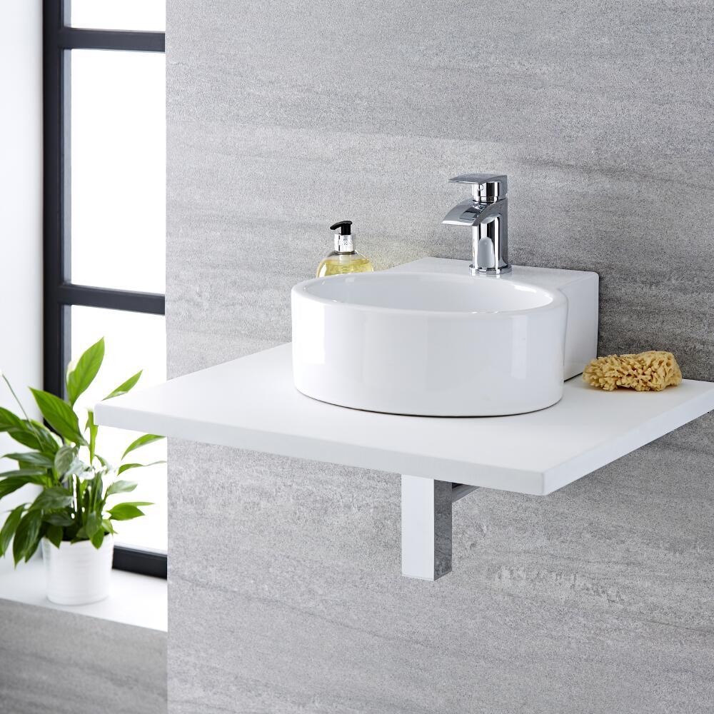 Lavabo Suspendido Sobre Encimera Redondo de Cerámica 345x330mm con Grifo Mezclador de Lavabo Monoforo - Covelly