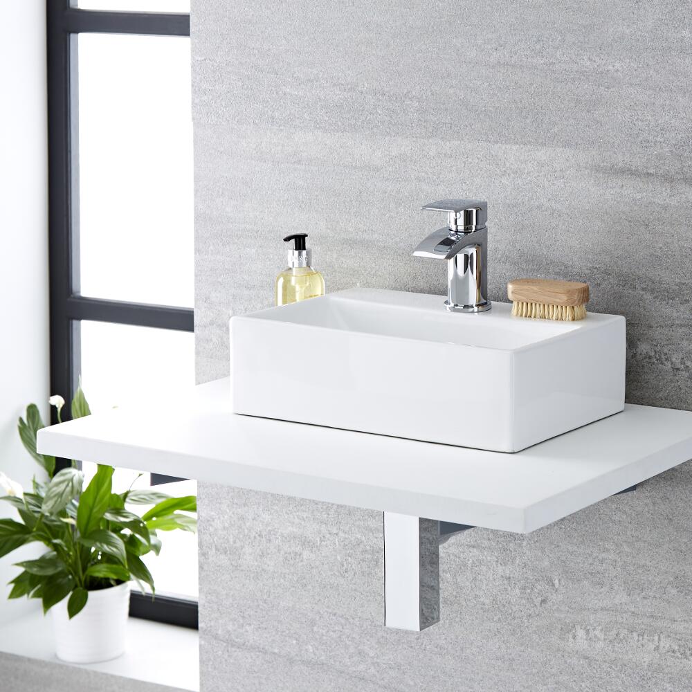 Lavabo Suspendido Sobre Encimera Rectangular de Cerámica 360x250mm con Mini Mezclador de Lavabo - Sandford