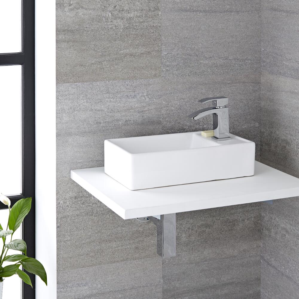Lavabo Sobre Encimera o Suspendido Rectangular de Cerámica 400x220mm con Mini Mezclador de Lavabo - Halwell