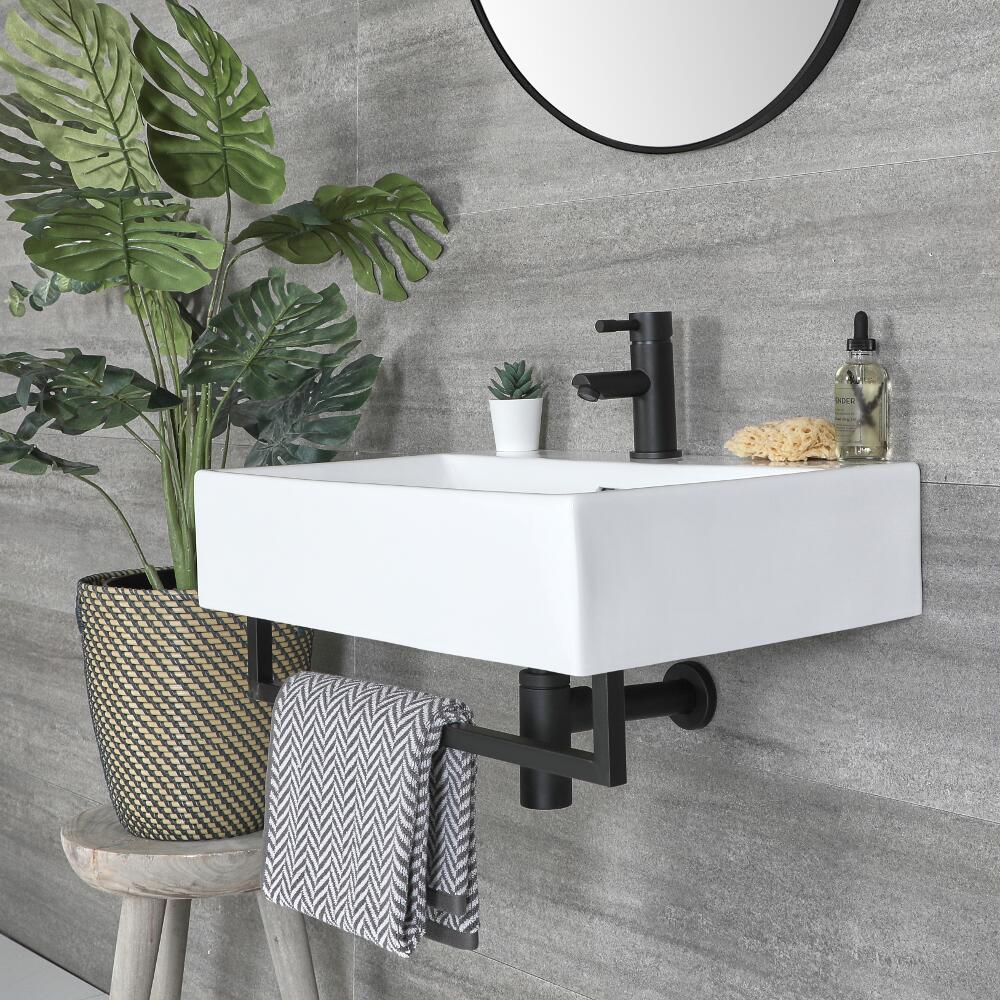 Lavabo Suspendido Moderno Rectangular Blanco 600mm x 420mm con Barra Porta Toallas Negra- Sandford