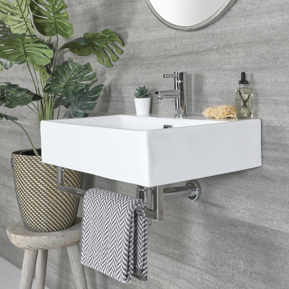 Lavabo Suspendido Moderno Rectangular Blanco 600mm x 420mm con Barra Porta Toallas Cromada- Sandford