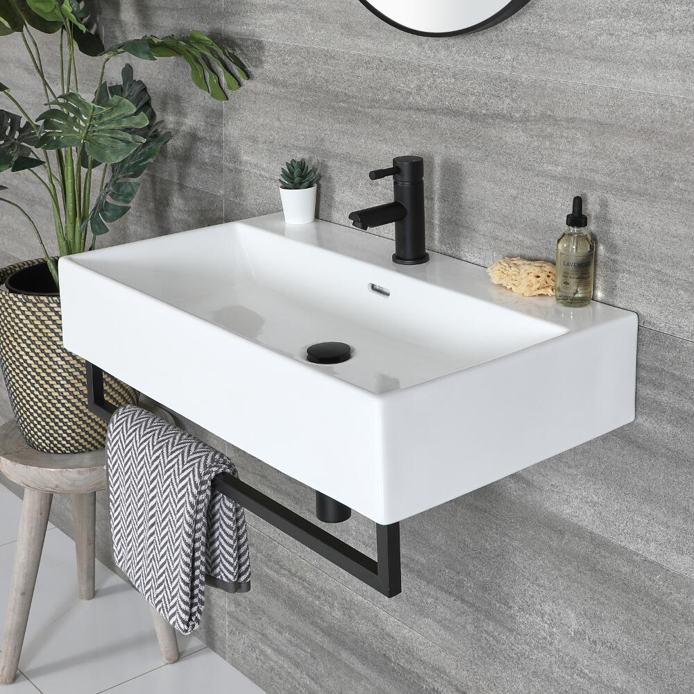 Lavabo Suspendido Moderno Rectangular Blanco 750mm x 420mm con Barra Porta Toallas Negra - Sandford