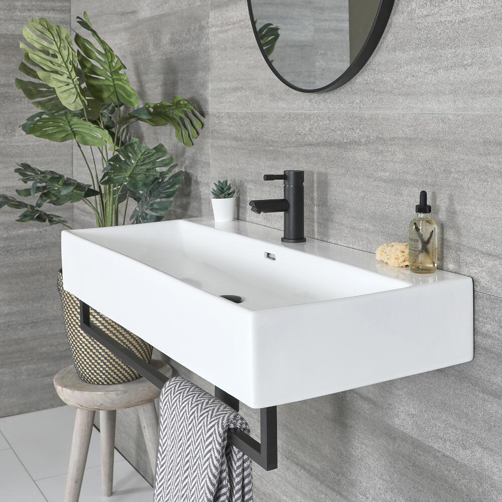 Lavabo Suspendido Moderno Rectangular Blanco 1000mm x 420mm con Barra Porta Toallas Negra - Sandford
