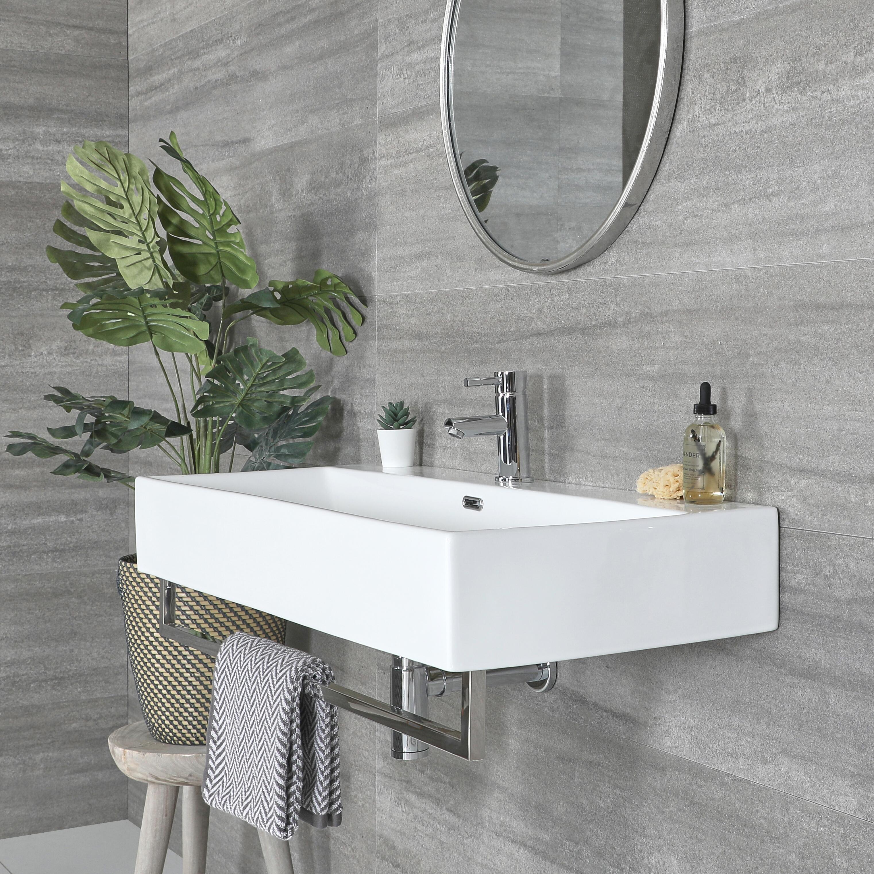 Lavabo Suspendido Moderno Rectangular Blanco 1000mm x 420mm con Barra Porta Toallas Cromada- Sandford