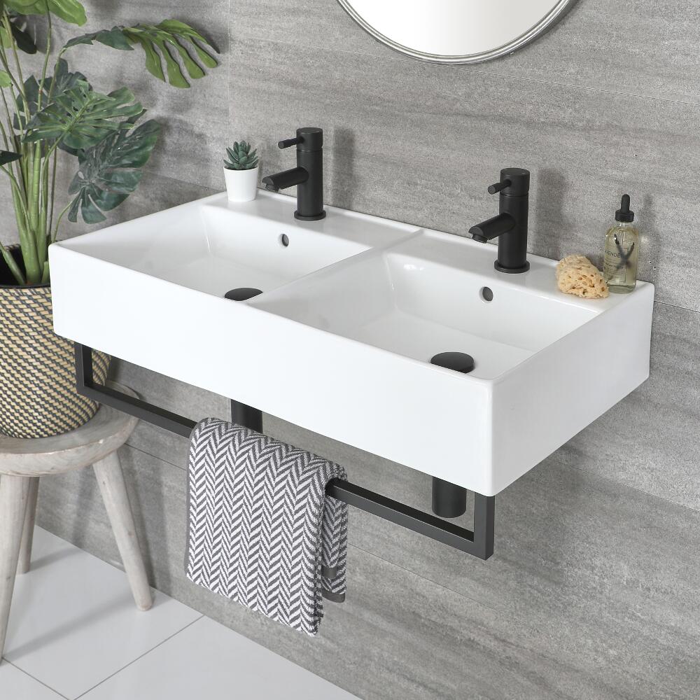 Lavabo Suspendido Moderno Rectangular Doble Blanco 820mm x 420mm con Barra Porta Toallas Negra - Sandford