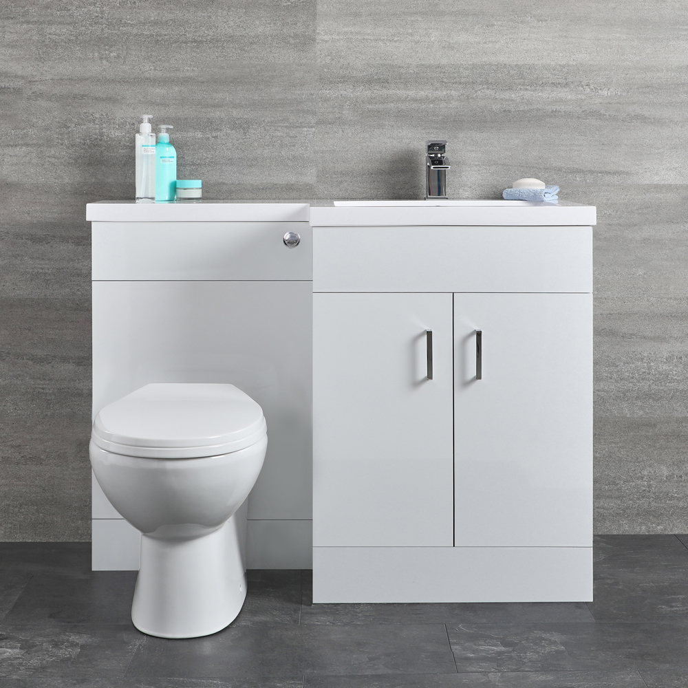 Mueble de Lavabo Blanco de Suelo Completo con Mueble Inodoro Versión Derecha - Geo