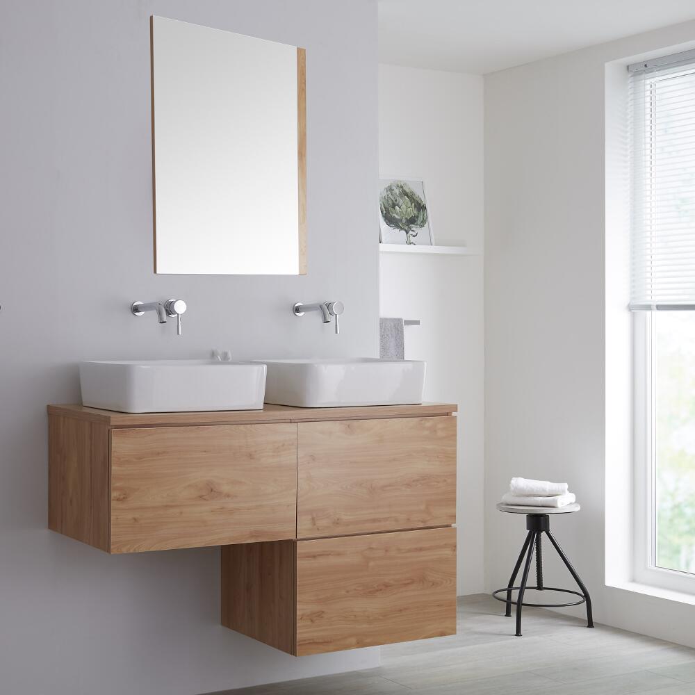 Mueble Base Mural para Lavabo de Sobre Encimera de Color Roble Dorado en Forma de L de 1200mm con Encimera de Color Roble Dorado con Opción LED con Lavabos Rectangulares – Newington