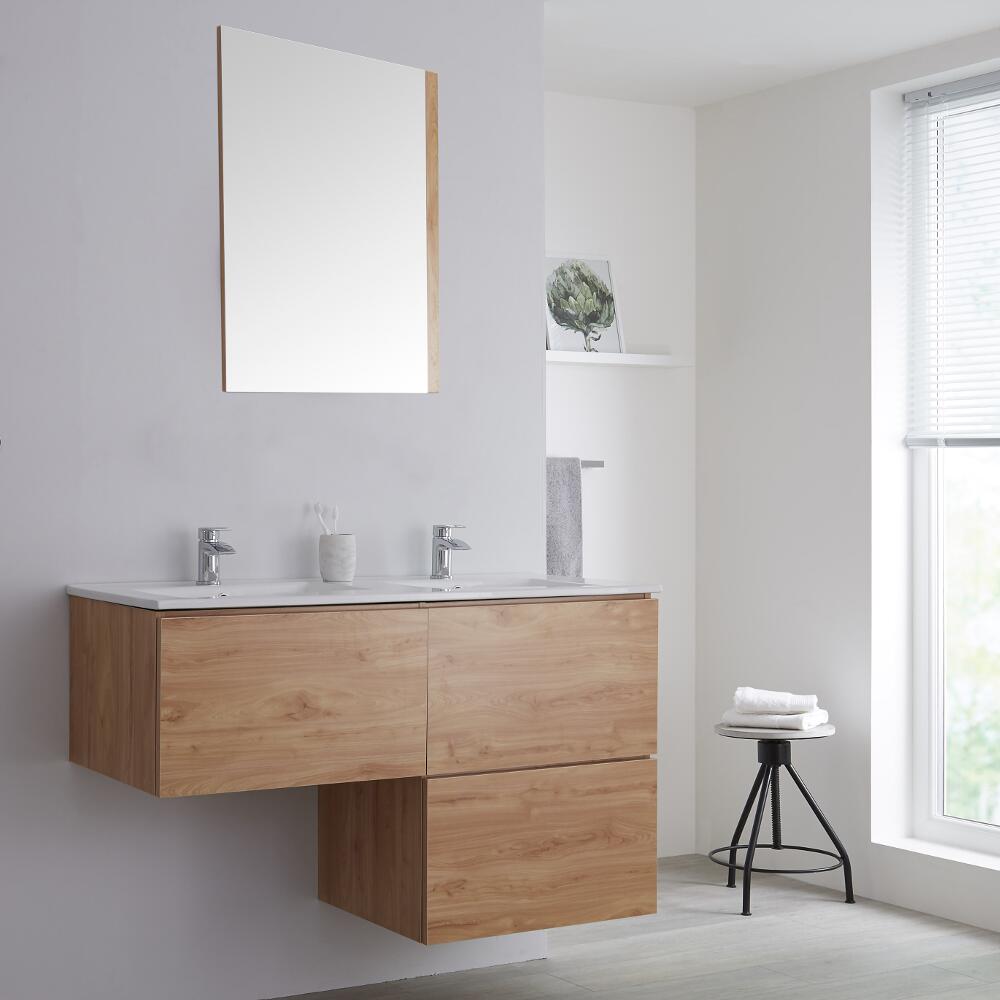 Mueble Base Mural con Lavabo de Sobre Encimera de Color Roble Dorado en Forma de L de 1200mm con Opción LED - Newington
