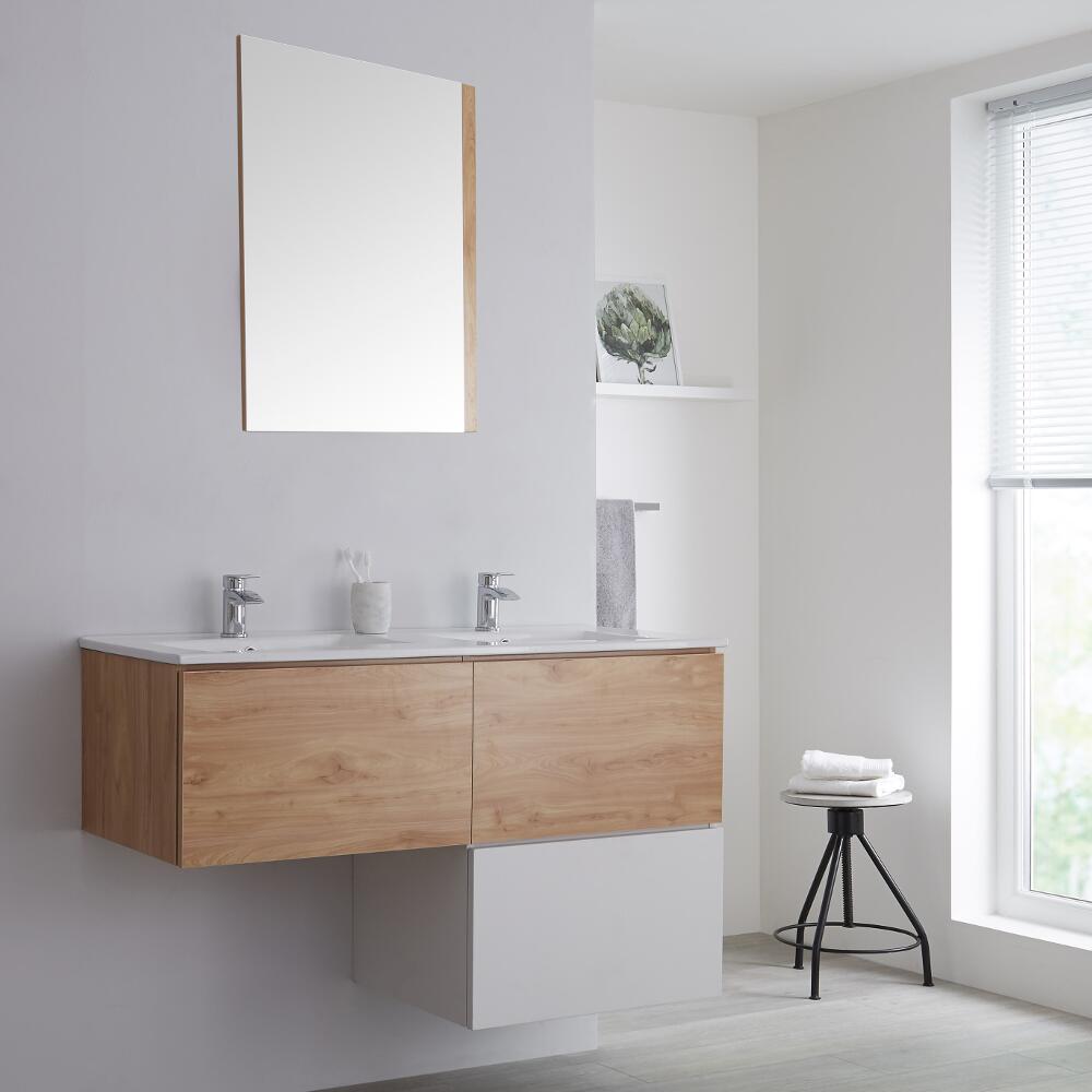Mueble Base Mural con Lavabo de Sobre Encimera de Color Roble Dorado en Forma de L de 1200mm con Encimera Blanca con Opción LED - Newington