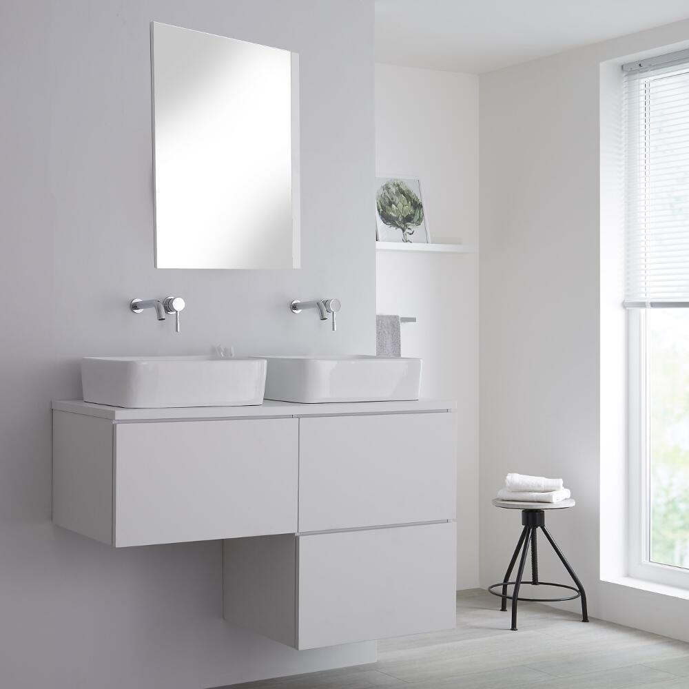 Mueble Base Mural para Lavabo de Sobre Encimera de Color Blanco Opaco en Forma de L de 1200mm con Opción LED con Lavabos Rectangulares – Newington