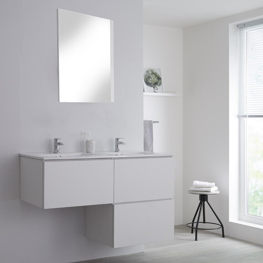 Mueble Base Mural con Lavabo de Sobre Encimera de Color Blanco Opaco en Forma de L de 1200mm con Opción LED- Newington