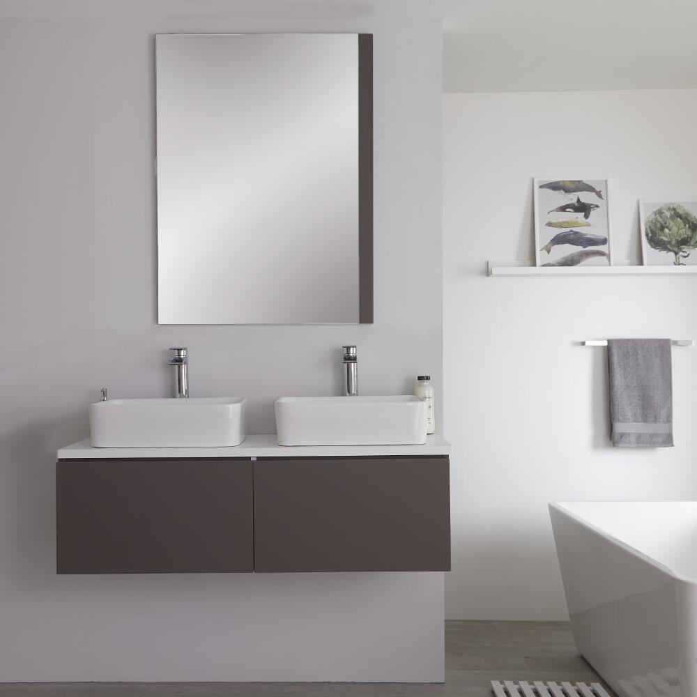 Mueble Base Mural de 1200mm Color Gris Opaco para Lavabo de Sobre Encimera con Encimera Blanca y Opción LED con 2 Lavabos Rectangulares – Newington