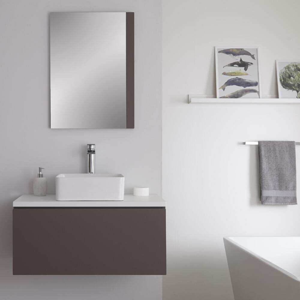 Mueble Base Mural de 800mm Color Gris Opaco para Lavabo de Sobre Encimera con Encimera de Color Blanco, Lavabo Rectangular y Opción LED – Newington