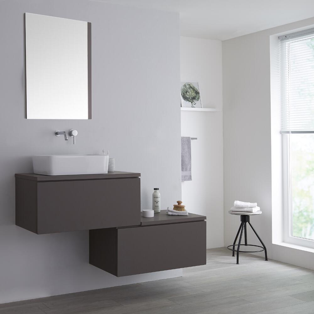 Mueble Base Mural para Lavabo de Sobre Encimera de Color Gris Opaco y Encimera de Color Gris Opaco con Diseño Escalonado de 1400mm con Opción LED con Lavabo Rectangular – Newington