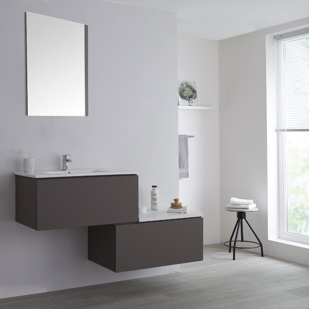 Mueble Base Mural Completo con Lavabo de Sobre Encimera de Color Gris Opaco con Diseño Escalonado de 1400mm con Opción LED - Newington